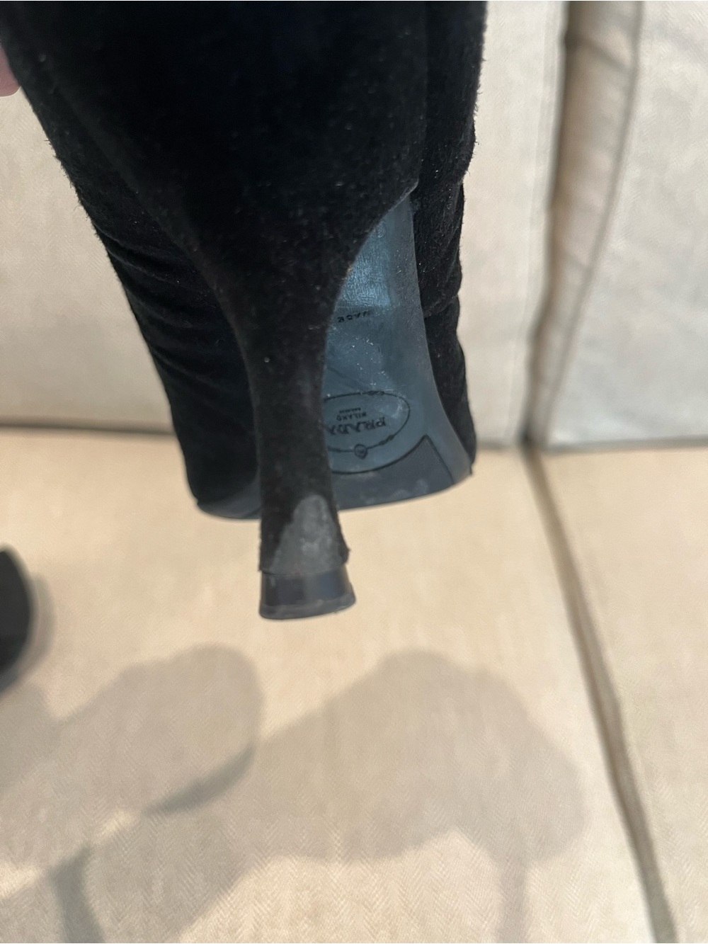 Prada Black Suede Pumps with Gold Logo Bow - Picture 6 of 10